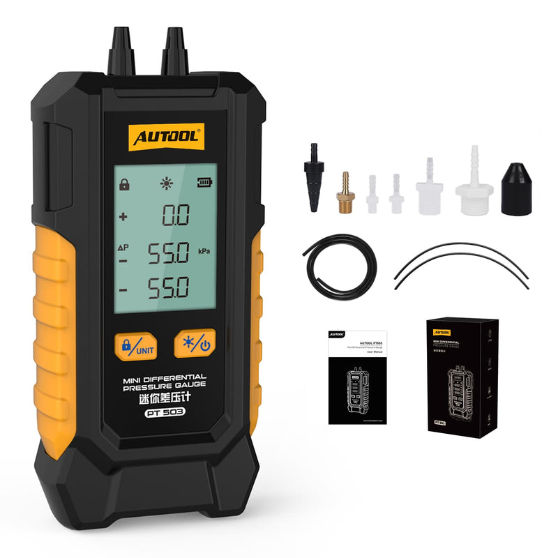 [Australia - AusPower] - AUTOOL Manometer Gas Pressure Tester, Digital Manometer HVAC, 6 Units Differential Dual Port Pressure Gauge -101 to 200Kpa, Data Zeroing with Backlight LCD Display PT503 