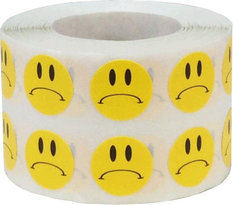 Sad Face Stickers, Yellow, 1/2 Inch Round, 1000 Count