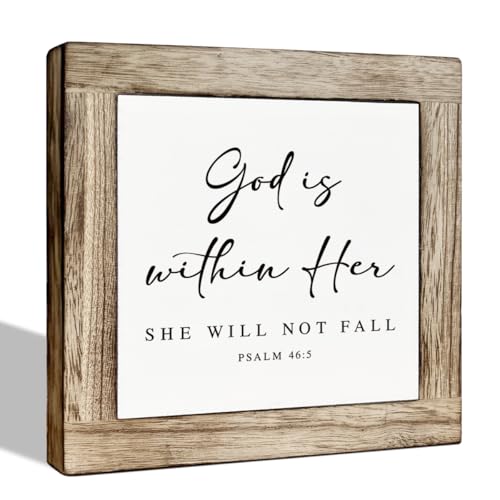 Christian Wooden Sign, Psalm 46 : 5 Decor, God is Within Her She Will Not Fall, Inspirational Wood Signs, Square Wood Block Sign Table Decor, Funny Office Desk Signs 5.9x5.9 Inches