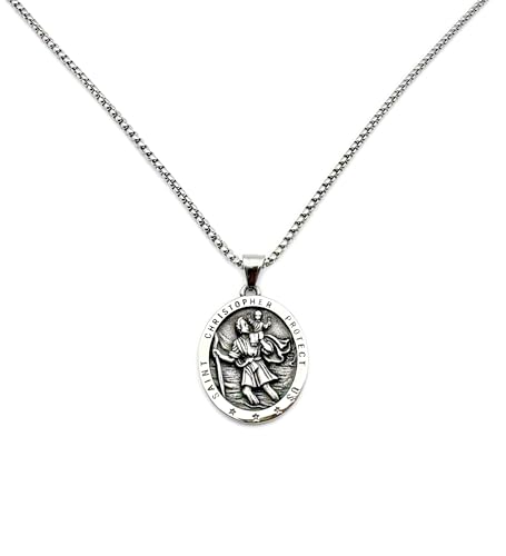 Saint Christopher Necklace Coin Necklace, St Christopher Medal Bless Safety Religious Pendant Necklace for Men Women