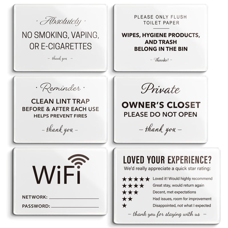 Vacation Rental & BnB Host Starter Kit - 6 Pack (5"x3") - Short Term Home Guest Essentials - WiFi Password, No Smoking, Owner's Closet & Review Signs - Modern Minimalist Black & White Decor Simple