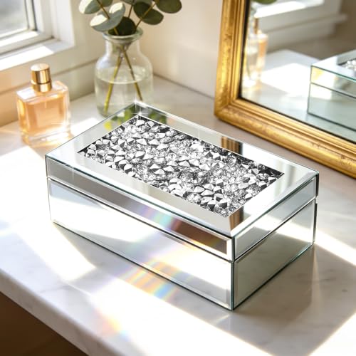 Luxury Mirrored Jewelry Box with Crushed Diamond - Glass Jewelry Box Organizer Storage for Women, Ring Holder Case for Dresser and Decorative Silver B