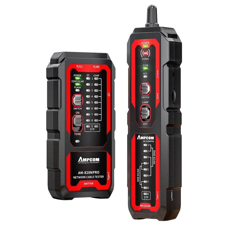 [Australia - AusPower] - AMPCOM Wire Tracker & Network Cable Tester with PoE Detection, RJ45/RJ11 Line Tracer, USB-C Rechargeable, LED Light, for LAN/Ethernet/Telephone Continuity Testing 