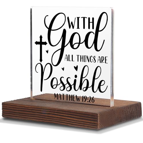 With God All Things Are Possible Sign Matthew 19:26 Christian Decor Gifts for Women Men Faith Inspirational Scripture Decor Religious Prayer Desk Decorative Signs Plaque SWS150 With God All Things