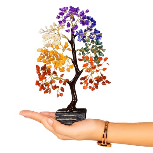 CREATIVE LEATHER ART 7 Chakra Crystal Tree with Raw Black Tourmaline Base - Gemstone Bonsai Money Tree for Good Luck & Protection