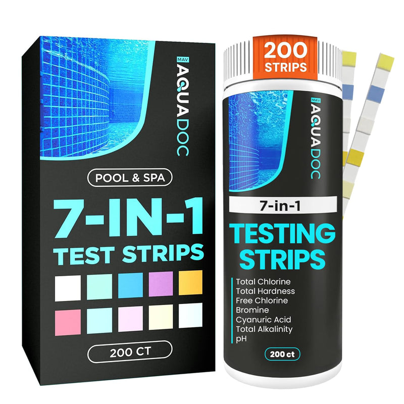[Australia - AusPower] - AquaDoc 7-in-1 Spa & Hot Tub Test Strips - 200 Pool Test Strips for pH, Chlorine, Hardness, Bromine, Cyanuric Acid, Alkalinity 