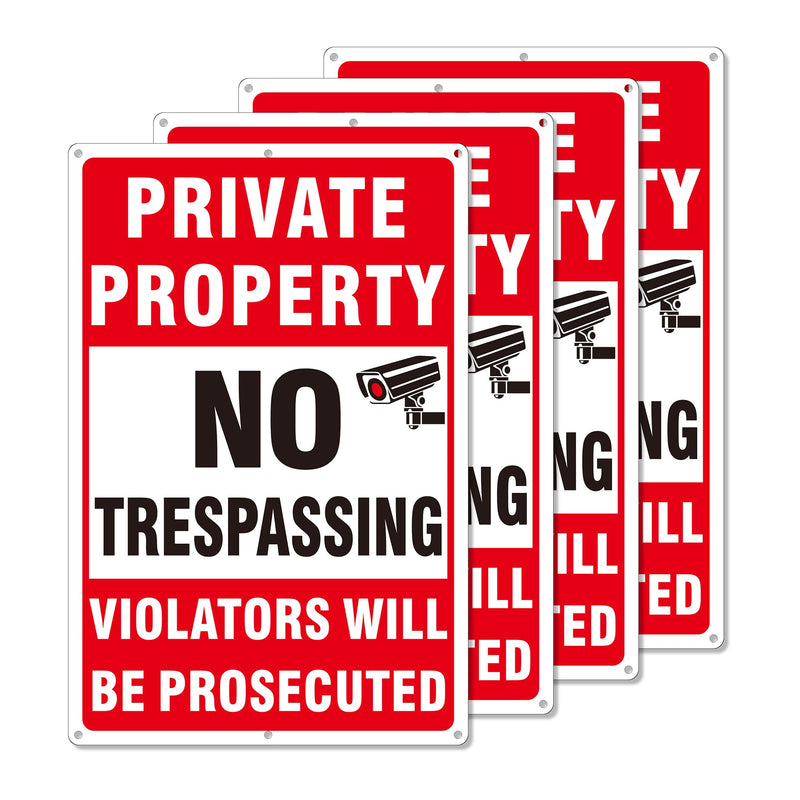 4 Pack Large Private Property No Trespassing Signs, Aluminum No Trespassing Video Surveillance Sign, No Trespassing Signs–Weatherproof and Highly Visible for Property Protection (10x14 inches) 10 x 14 inches Red No Trespassing Signs