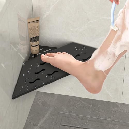 10” Shower Foot Rest for Shaving Legs, 304 Stainless Steel Corner Shower Step with Shaving Holder, Non-Slip Recessed Wall Mounted Bathroom Foot Ledge, Black