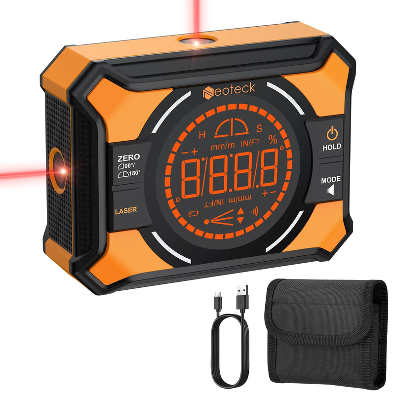 [Australia - AusPower] - Neoteck Digital Angle Finder with Dual Laser (Class 2 Laser, 1mW Power Output) 4x90/2x180°Angle Gauge with LED Display and Data Hold USB Charging Level Box with Bottom and Back Strong Magnetic 