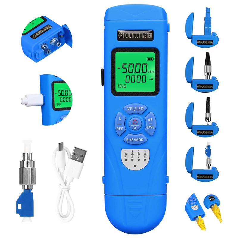 [Australia - AusPower] - Rechargeable Optical Power Meter L-C50-15 mini Optical Power Meter All-in-one Machine, Suitable for SC/FC/ST/LC Interface Four in one Function, Built-in RJ45 Network Testing, with 1 FC-LC Adapter blue L-C50 15 