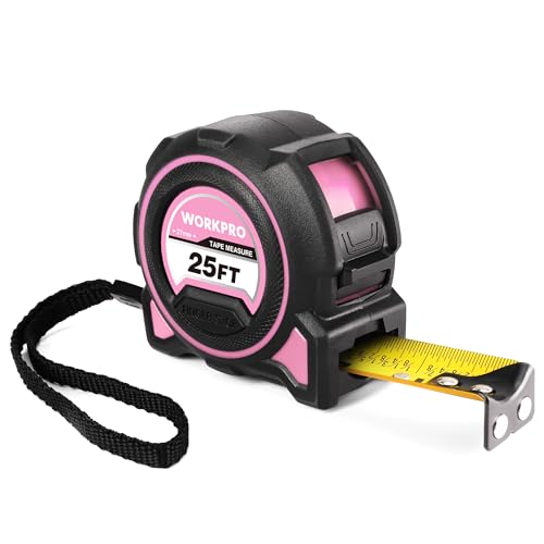 WORKPRO pink 25-foot heavy-duty tape measure with clear measurement markings and durable casing