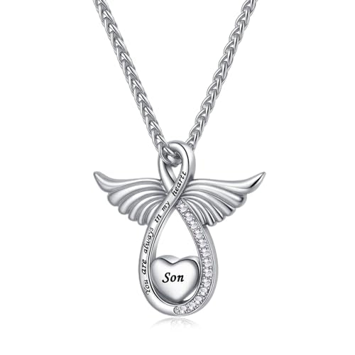 Angel Wing Cremation Urn Necklace for Ashes lnfinity Love Stainless Steel Urn Pendant Jewelry for Women Men Cuban Chain Son