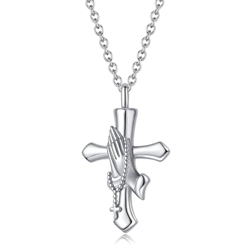 Praying Hands Cremation Jewelry Cross Urn Necklaces for Ashes Memorial Keepsake Women Men Silver Plated