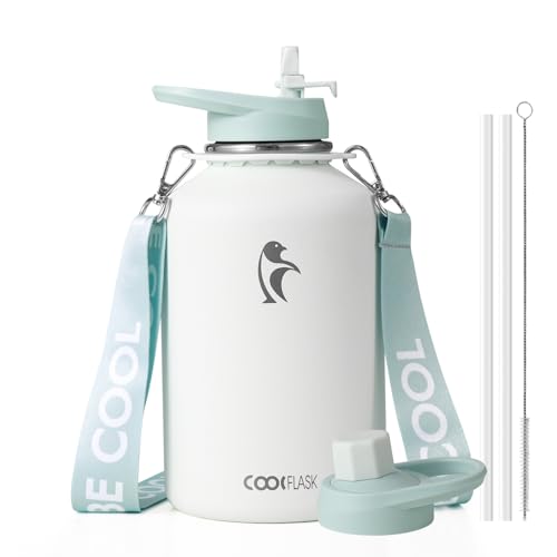 Coolflask Half Gallon Water Bottle Insulated Stainless Steel with Strap Glacier White 64 Ounces