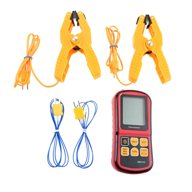 [Australia - AusPower] - Digital Dual Channel K Type Thermocouple Thermometer (-238 to 3212°F) with 2 Probes & 2 Pipe Clamps – High Accuracy Temperature Meter with T1/T2 & T1-T2 Display, for HVAC, Industrial, Lab Use 