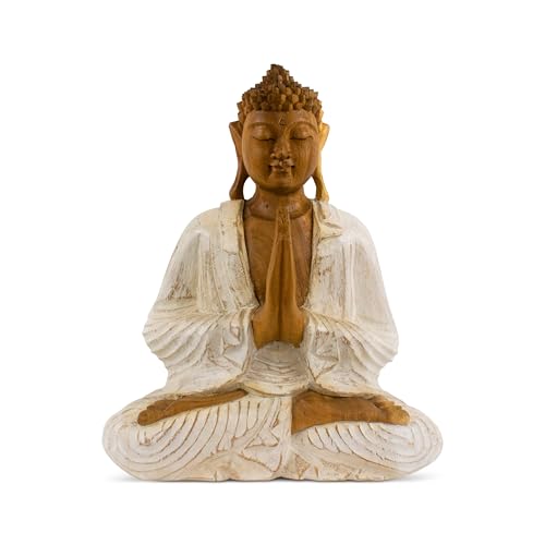 G6 Collection Wooden Serene Sitting Buddha Statue Handmade Meditating Sculpture Figurine Home Decor Accent Wood Hand Carved Modern Contemporary Oriental Buddha Anjali Mudra (8" Tall – Whitewashed) 8" Tall – Whitewashed