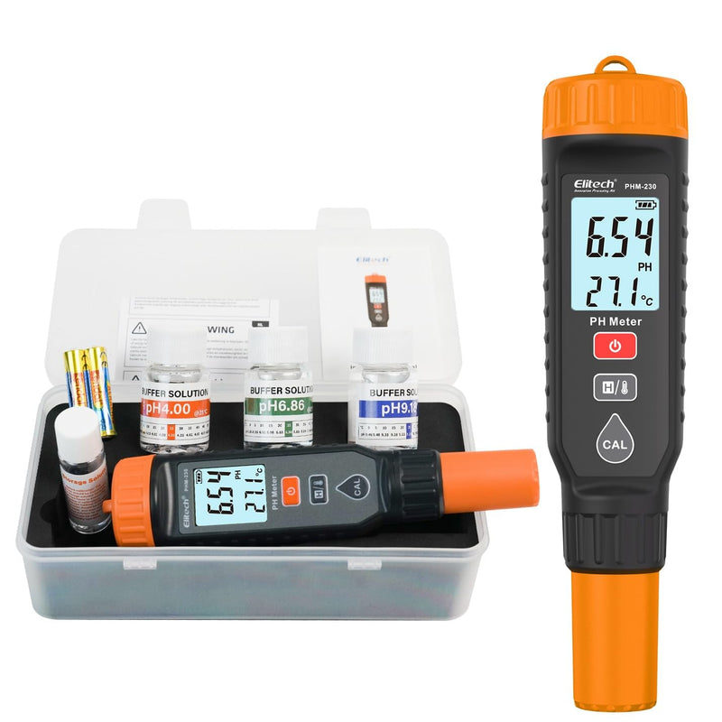 [Australia - AusPower] - Elitech Professional pH Pen Meter - Digital Tester for pH & Temperature in Hydroponics, Growing Solutions with Full Calibration Kit for Plant Health, PHM-230 