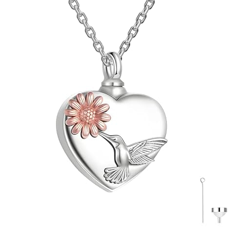 925 Sterling Silver Urn Necklace Gifts for Loss - Heart with Hummingbird Daisy, Ashes Keepsake Memorial Jewelry 18"