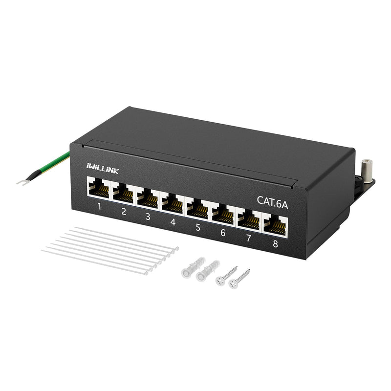 iwillink CAT6a Patch Panel 8 Port Shielded RJ45 Female LSA Distribution Panel | 10 inch rack mount, desktop patch panel, black