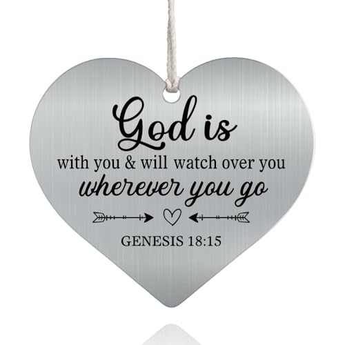 XQLZY God is with You & Will Watch Over You Wherever You Go Stainless Steel Love Rear View Mirror Car Charm, Religious Car Heart Charm Gifts for Woman Mom Aunt, Graduation Gifts for Daughter Son Silver024