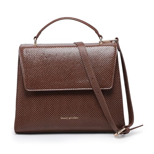 BEAUTYGOODIES Vegan Leather Insulated Lunch Bag for Women, Crocodile Pattern, with Shoulder Strap and Magnetic Closures. Brown