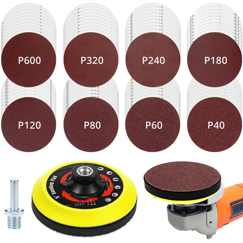 QWORK Pack of 80 Angle Grinder Discs, 125mm 40/60/80/120/180/240/320/600 Grit Polishing Sandpaper with Rod & Buffer Disc, for Wood, Metal and Paint
