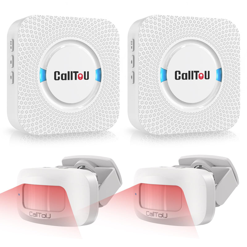 CallToU Wireless Motion Sensor Alarm Indoor Motion Detector Alarm Bed Alarms for Elderly Dementia Patients, Motion Sensor Door Chime for Business/Home/Office/Store with 500FT Range 5 Adjustable Volume WHITE 2+2