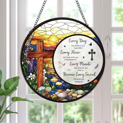 Cross Stained Glass Window Hanging, Bible Catchers Indoor Window Gifts for Grandma Mom Women Men, Christmas Wall Art Decor for Home Garden Doors Cross Bible