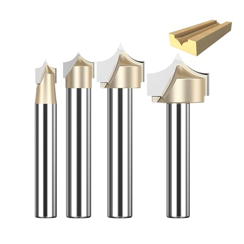HUHAO 4-piece groove point cutting roundover router bit set with 1/4-inch shanks for edge treatment and grooving