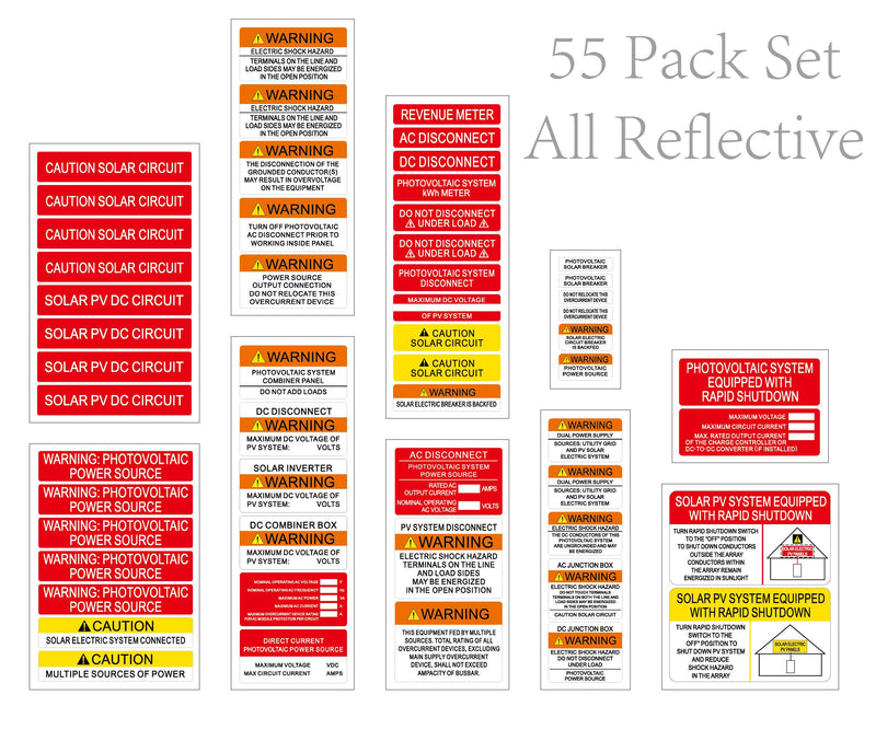 55 Pack Reflective Solar PV System Labels -Serial 2R- UV Resistant Solar PV Stickers Photovoltaic System Warning Durable | PV Label for Electrical Panel Installer Kits