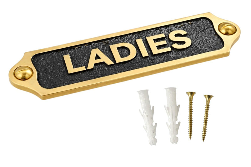 LADIES Brass with Black Door Plaque Sign | Metal Toilet Washroom Door Sign with Engraved Lettering | Wall & Door Name Plate with Mounting Screws for Home Office Shop | 22 x 5 cm | LADIES