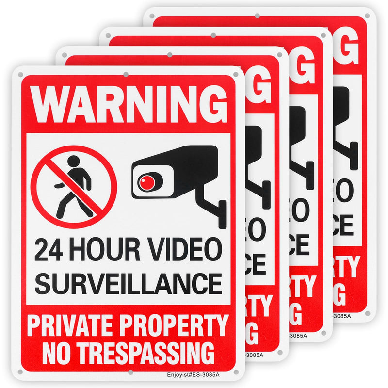4 Pack 24 Hour Video Surveillance Sign, Private Property No Trespassing Warning Sign, 10"x 7" .040 Rust Free Aluminum – Reflective, UV Protected and Weatherproof