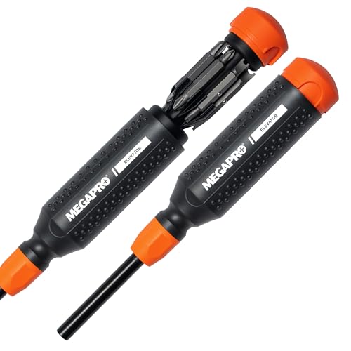 Megapro elevator multi-bit screwdriver with ¼-inch hex shaft and Phillips, flat, spanner, and Torx pin bits