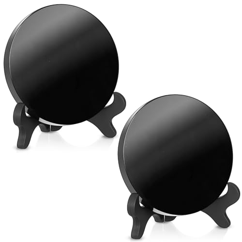 Kathfly 2 Pcs Obsidian Scrying Mirror 3.94 in with Wood Stand 3.94 in/10 Cm