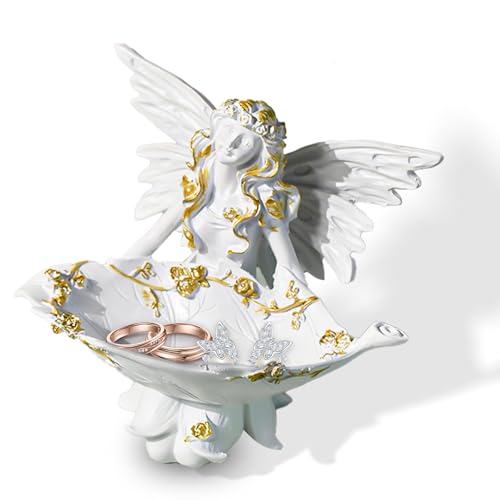 6 Inch Elegant Angel Jewelry Tray, Exquisite Resin Angel Statue Decorative Dish, Unique Jewelry Holder for Bedroom or Living Room Decor