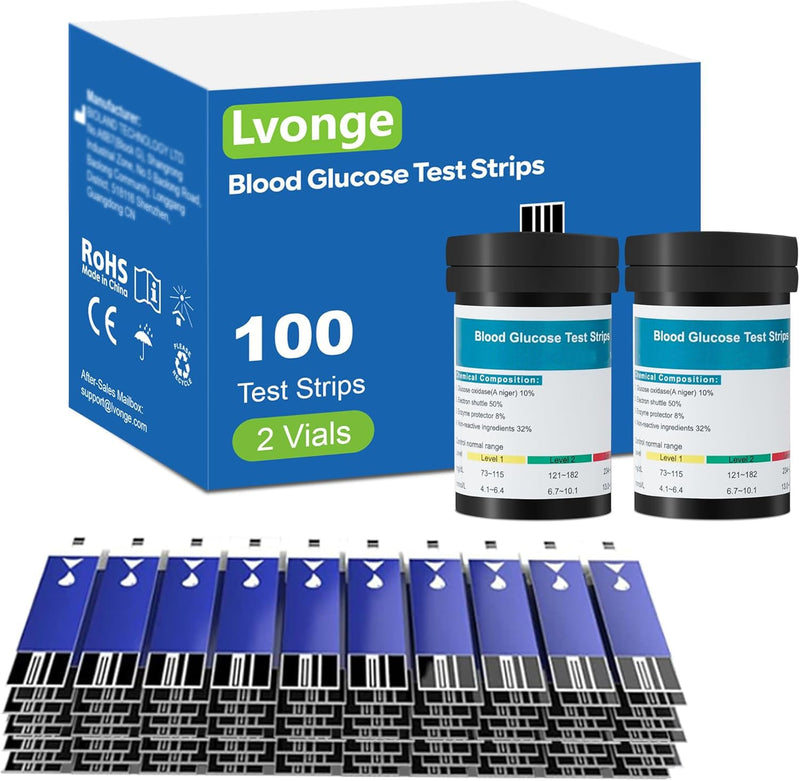 Blood Glucose Test Strips Set -Lvonge 100PC Test Strips for Use Only with Lvonge Blood Glucose Monitor G520/501, Home Diabetes Blood Glucose Testing Kit
