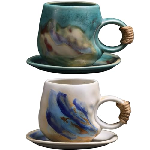 8oz Handmade Ceramic Tea Cup and Saucer set of 2, Small Artisanal Mug with saucer set , Lead-Free Latte Art Mug, Handcrafted Pottery tea mug with handle, Matching and Couple cups (White+Green set ) White+Green( 2 pcs set )