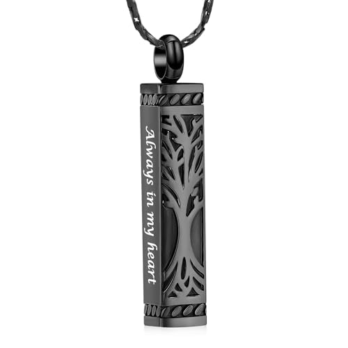 Imrsanl Tree of Life Urn Necklace for Men Women Bar Cremation Jewelry for Ashes Keepsake Ashes Necklace Pendent Black-Always in my heart