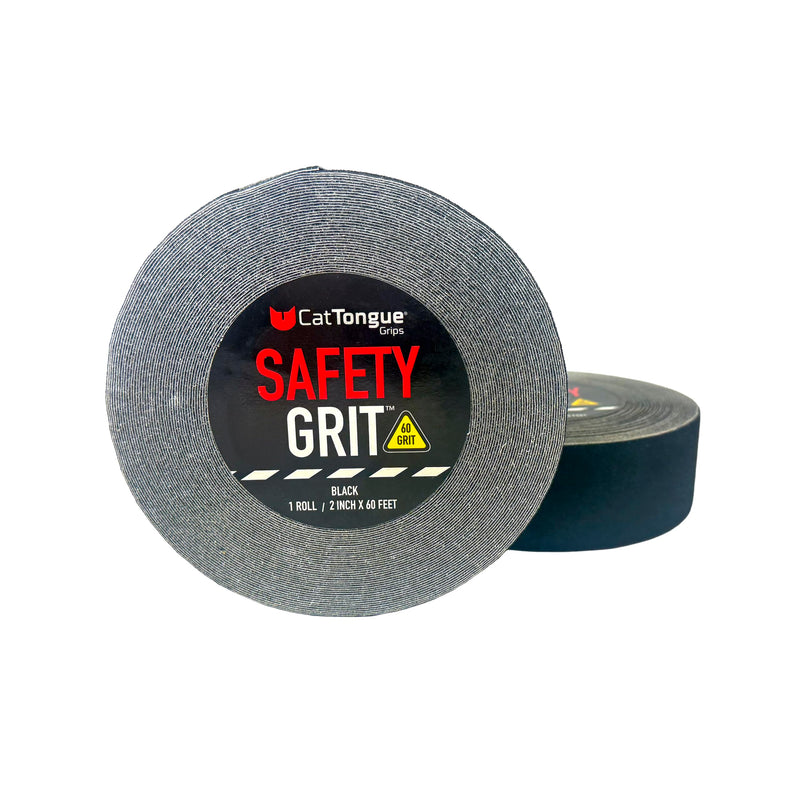 CatTongue Safety Grit Abrasive Grip Tape 2” - 60 Grit Anti-Slip Tape - Waterproof, Safety Traction for Stairs, Ramps & Walkways - Indoor/Outdoor Use - Independently Certified (Black, 60ft) 2" x 60'