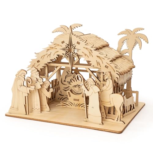 Advanced DIY Christian Nativity Set Holy Family Scene with Stables, Wooden Nativity Scene Christmas Decorations 2026, Handmade Christian Gifts for Women Men, Challenging Buildable Wooden Craft Kit
