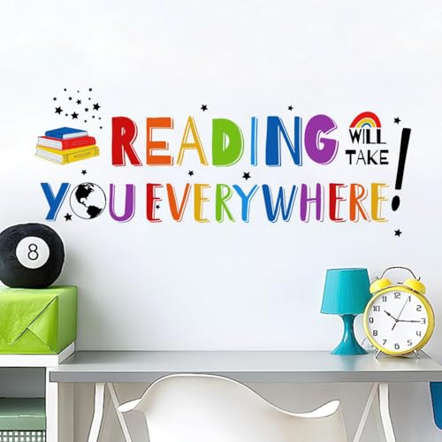 Inspirational Quote Wall Decals Sticker, Motivational Phrase Decoration Classroom Bedroom Playroom Art, Study Room Library Wall Sticker Decor, Reading Will Take You Everywhere