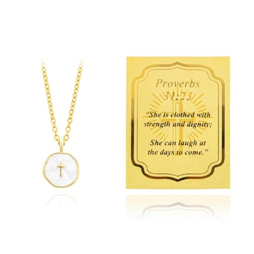Unique 18K Cross Necklace with Real Gold Bible Verse Card,Inspirational Christian Baptism Christmas Gifts for Women Her Teens White