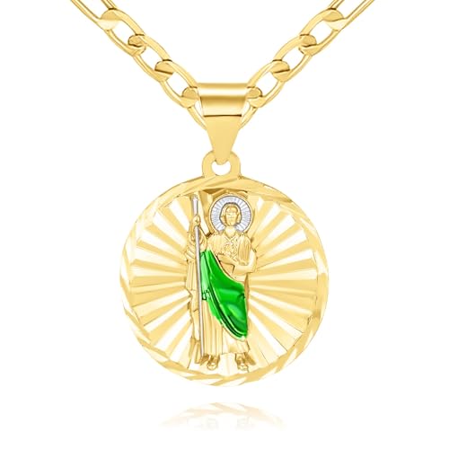 18K Gold Plated Saint Jude Medal Pendant Necklace, Religious Catholic Jewelry with Green Enamel Detail, Sunburst Design