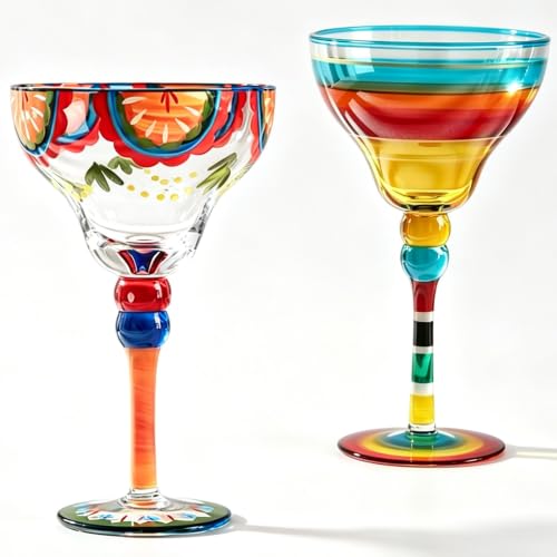 JanYoo Hand Painted Margarita Glasses, Set of 2 Cocktail Cups Champagne Glass Decorations for Cinco de Mayo Parties, Dessert Champagne Glasses Margarita Gifts for Tropical Party Supplies(9 oz) 1-Orange + Colourful Stripes
