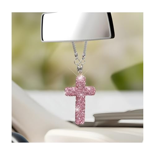 Bling Car Hanging Ornament, Crystal Rhinestone Cross Pendant Rearview Mirror Hanging Accessories, Sparkling Religious Charm Vehicle Interior Decoration for Women Men (Pink) Pink