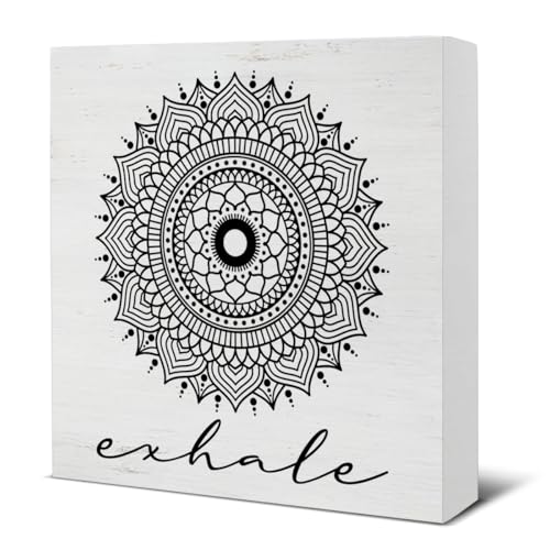 Zen Decor, Spiritual Decor, Exhale Mandala Wood Sign Home Office Meditation Room Bedroom Yoga Room Table Shelf Wall Desk Decoration 5×5 Inches