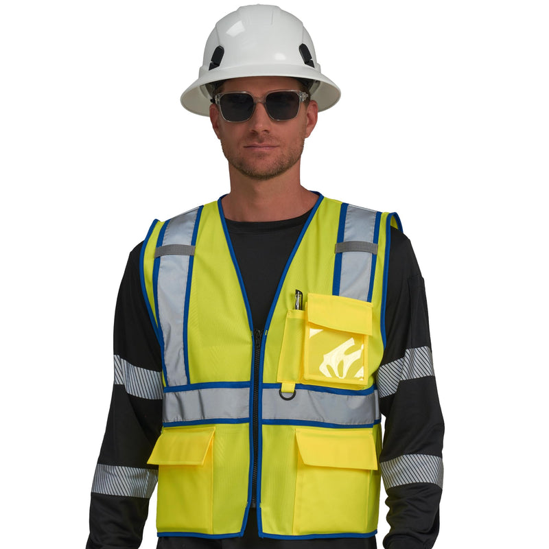AYKRM High Visibility Safety Vest - Reflective Work Vest with 5 Reinforced Pockets Small Blue