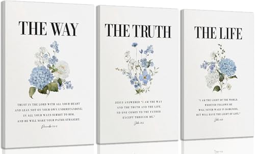 3Pcs Christian Canvas Wall Art John 14 6 the way the truth the life biblical quote Wall Decor Pictures Floral Prints Paintings Blue Scripture Artwork for Bathroom Room Home Decoration 12x16in 16L"x12W"