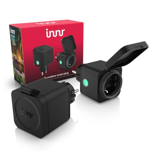 Innr Smart Outdoor Socket for Hue* and Zigbee Hubs (Pack of 2) | Smart plug for outdoors, 16 A garden socket with current measurement, IP54 waterproof Black - 16 Amp 2 pieces