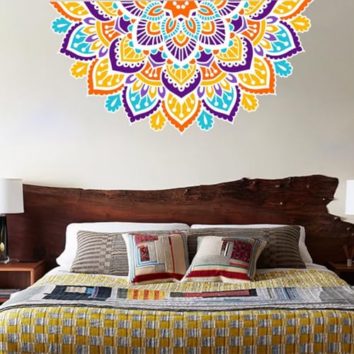 KYMY Mandala Wall Sticker, Indian Deepavali Rangoli Namaste Flower Vinyl Decals, Removable Peel & Stick Mandala Wall Clings for Diwali Festival of Lights Living Room Bedroom Sofa Art Decor